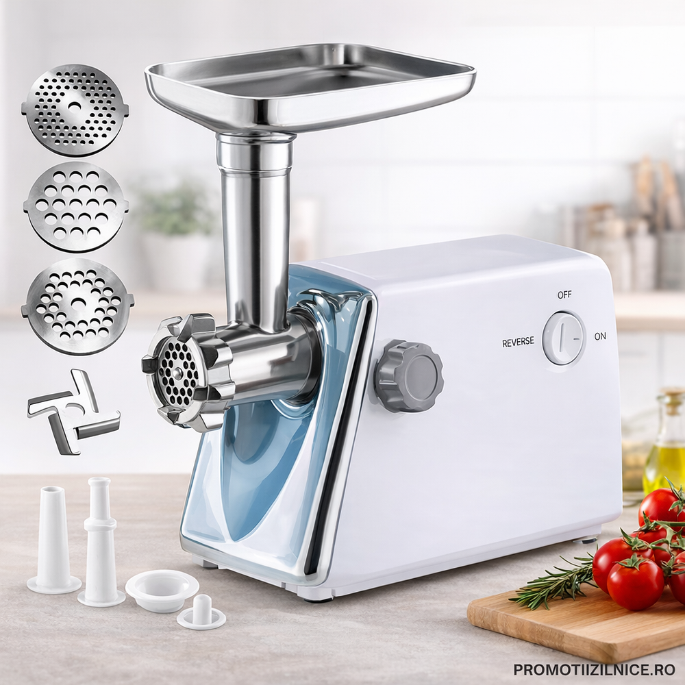 Mașină de tocat carne electrică Visuron 3000 W – 120 kg/oră, 3 site inox, funcție Reverse, componente detașabile PromotiiZilnice