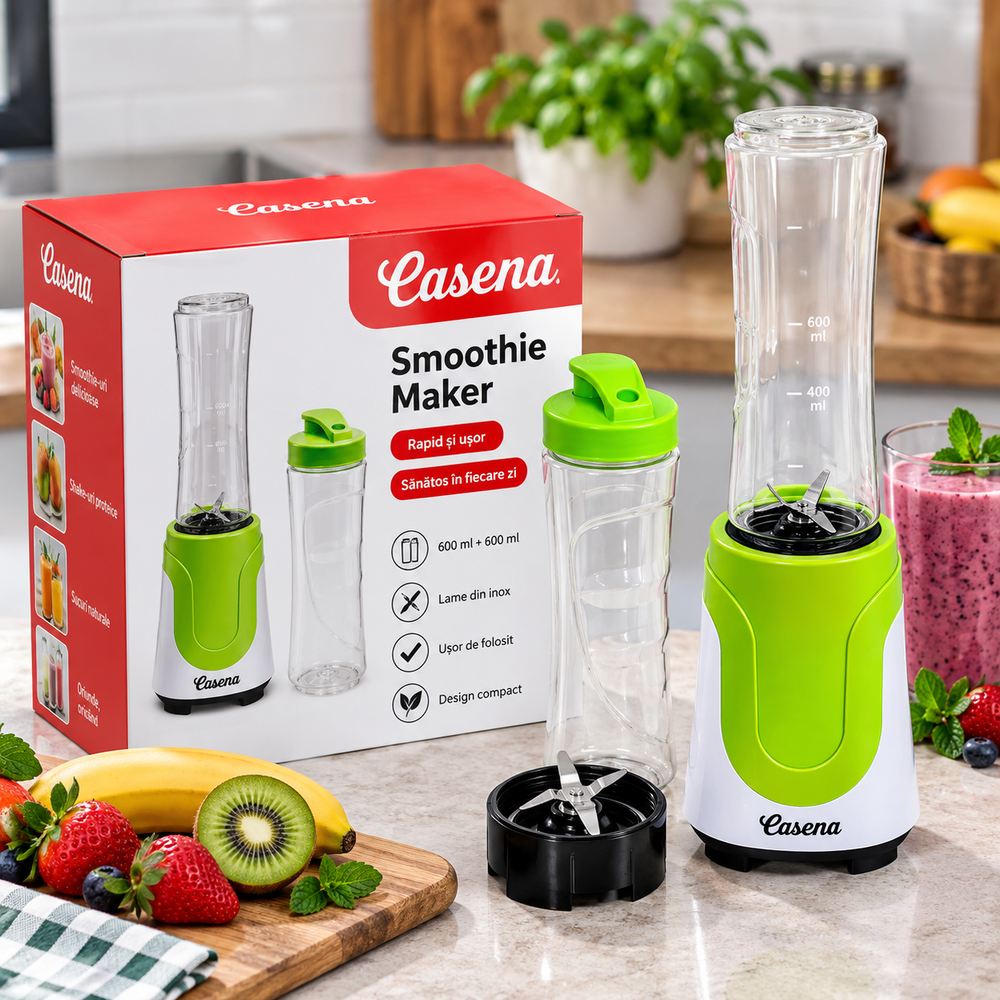 Blender Personal Casena Victor 180W, 2 Recipiente 600 ml, Alb-Verde Powersale