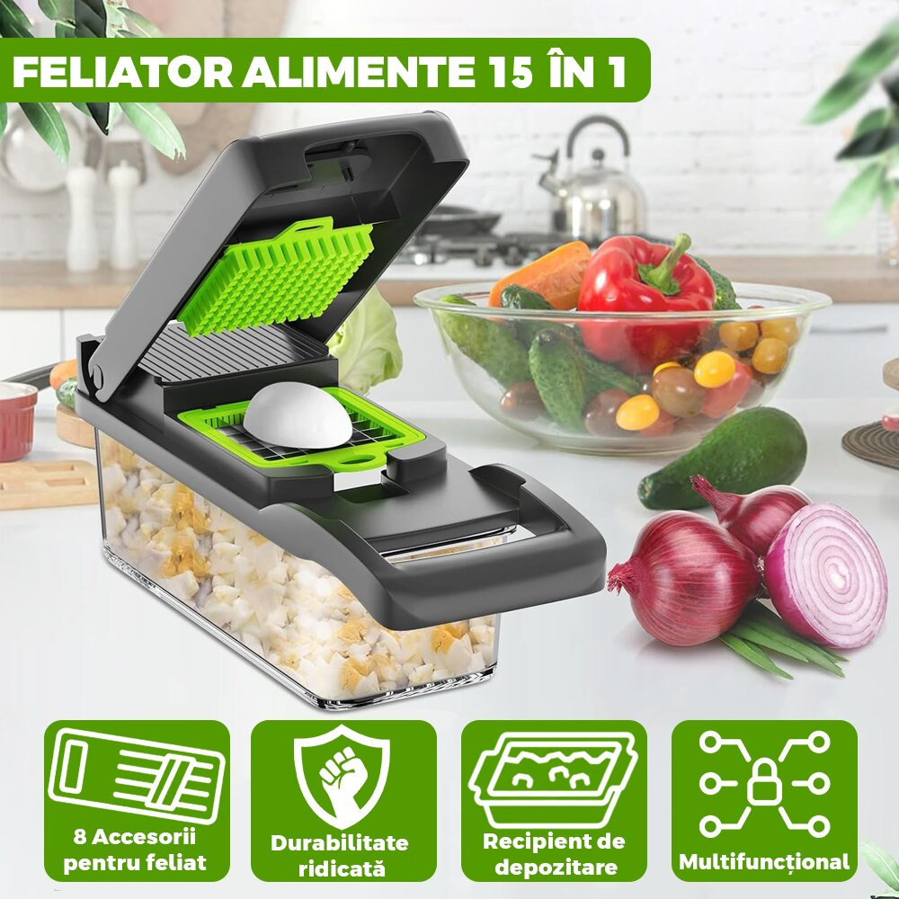 Feliator de Legume Multifuncțional 15 în 1, cu 8 Tăieturi, Lame Inox, Accesorii pentru Tocat și Julienne, Caserolă Inclusă, Verde - PromotiiZilnice