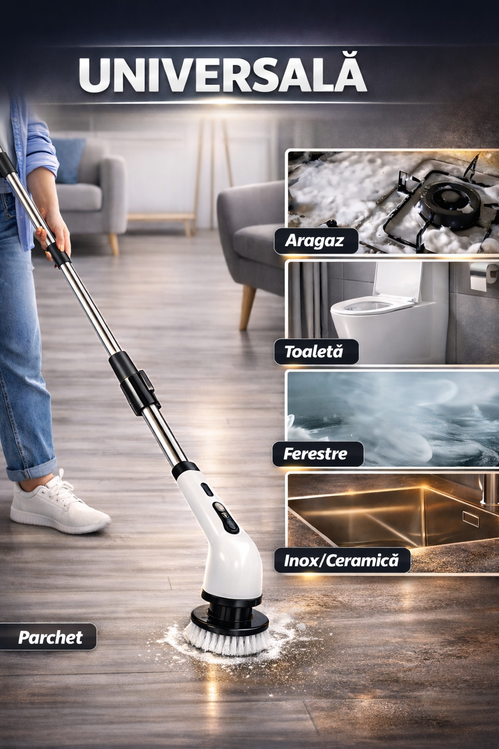 Perie Electrica Rotativa 9 in 1 cu 9 Capete, 2 Viteze, Maner Reglabil, Autonomie Mare, LED PromotiiZilnice