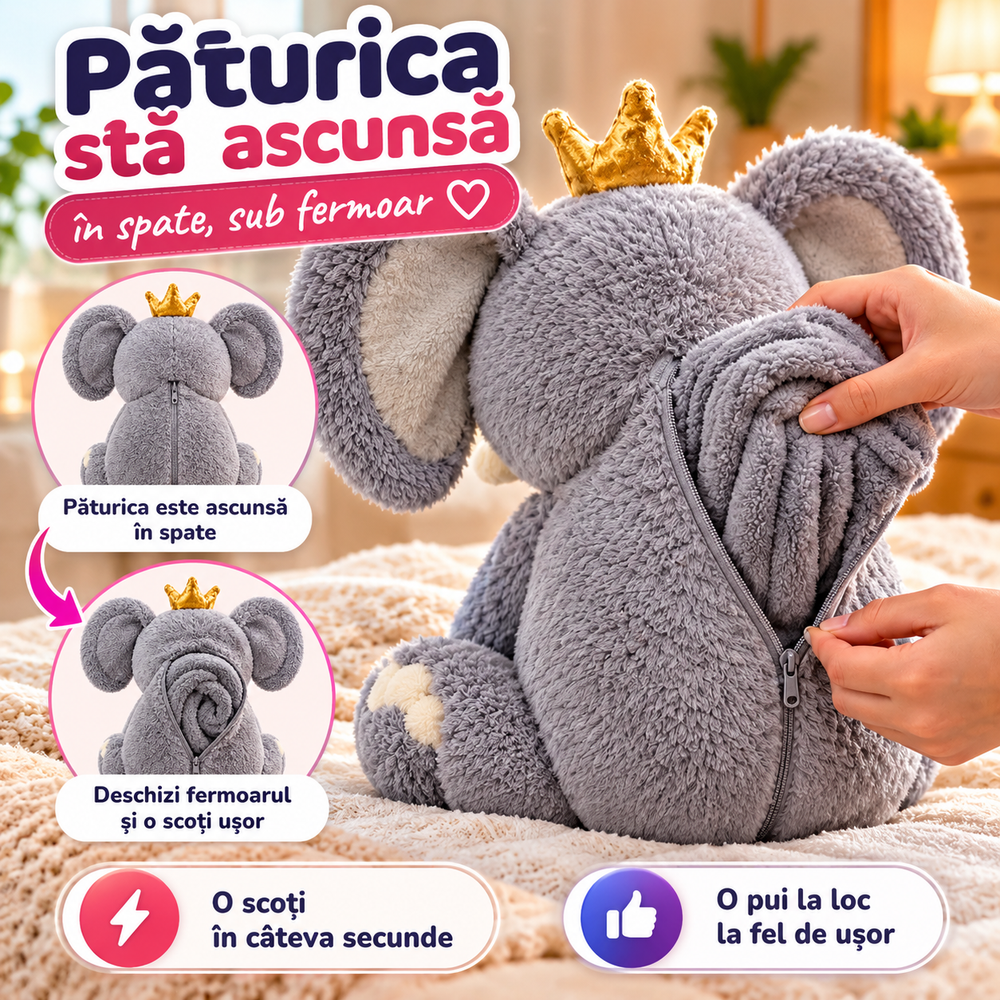 Jucărie de Pluș 2 în 1 cu Păturică Pufoasă 200 × 100 cm, Fermoar Ascuns, Panda, Gâscă, Ursuleț sau Elefant, Model la Alegere Powersale