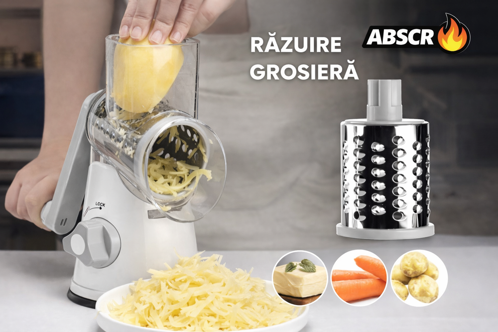 Răzătoare Manuală 3 în 1 pentru Legume, Fructe și Nuci – 3 Lame din Oțel Inoxidabil, Multifuncțională, cu Ventuză și Maner Rotativ BoomSale