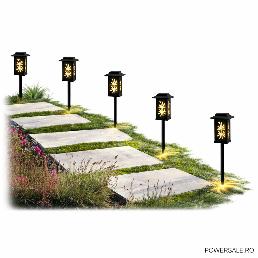 Set 6 Bucăți – Lampă Solară Decorativă pentru Grădină, Model Frunze, IP44, ABS Negru Powersale