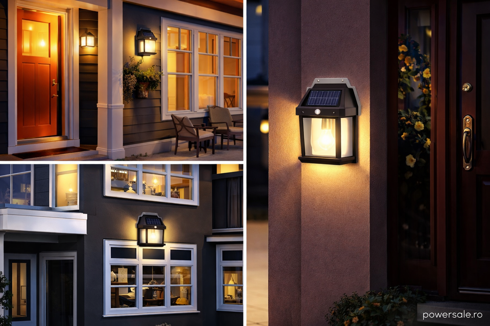 Set 8 Bucăți Lampă Solară de Perete Exterior cu Senzor de Mișcare și Senzor Crepuscular, 3 Moduri Iluminare Powersale