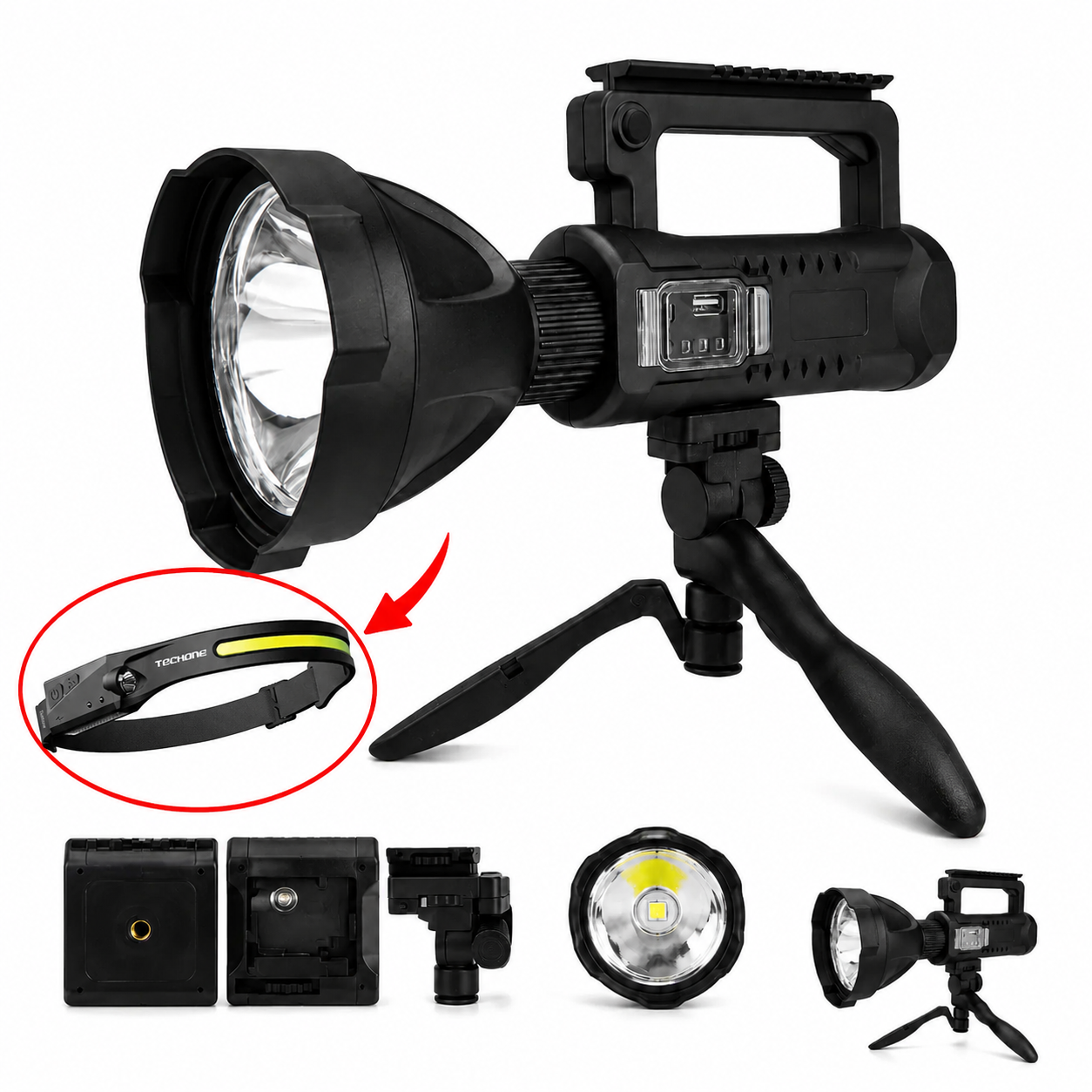 Lanterna LED Profesionala 4000 Lumeni cu Powerbank, Trepied Inclus, 4 Moduri Iluminare, USB, Raza Lunga + CADOU Lanterna Frontala cu Senzor Miscare PromotiiZilnice