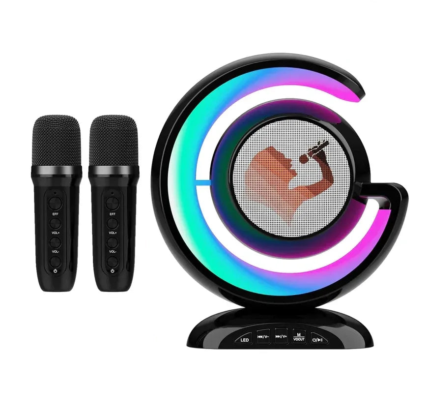 Dispozitiv Karaoke All-in-One, cu Boxa Bluetooth, Iluminare RGB Led, 1 Microfon, Slot Card, Conectare la Smartphone