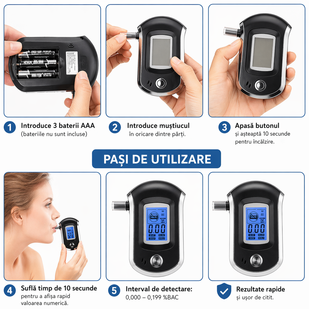 Tester Alcoolemie Digital Portabil cu 5 Muștiucuri, Afișaj LCD, Rezultate Rapide și Precise PromotiiZilnice