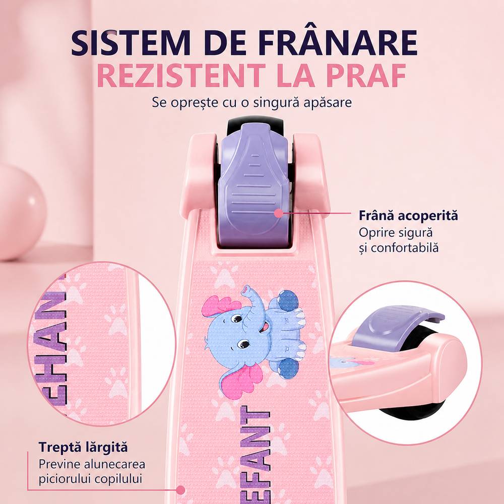 Trotineta multifunctionala copii 3 in 1 cu muzica, baloane de sapun si roti LED, pliabila, ghidon reglabil, scaun detasabil, roz-mov Powersale