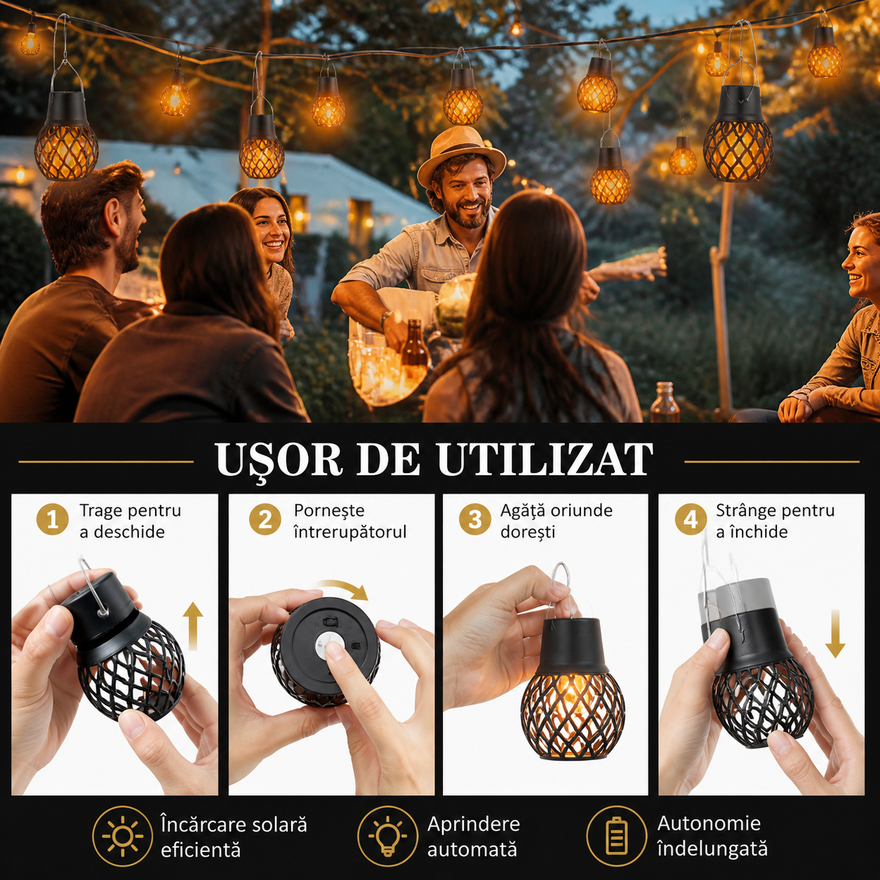 Set 4 Lampi Solare Suspendate cu Efect Flacara, Waterproof IP65, Iluminat Decorativ pentru Gradina, Terasa si Copaci Powersale