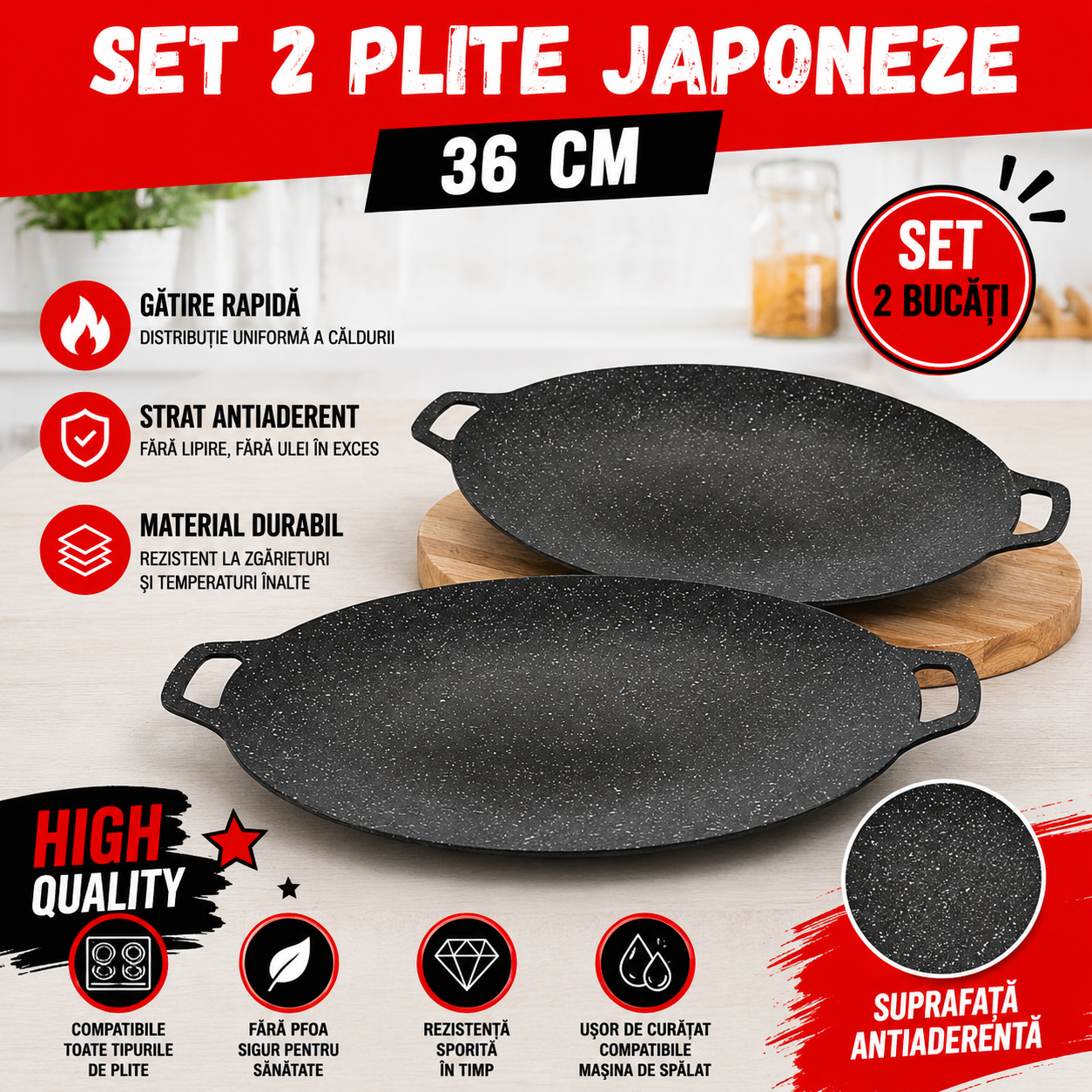 Set 2 Bucati Plita Japoneza 36 cm, Antiaderenta, Compatibila Aragaz si Inductie, Gatire Rapida si Uniforma PromotiiZilnice