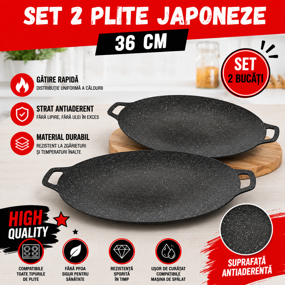 Set 2 Bucati Plita Japoneza 36 cm, Antiaderenta, Compatibila Aragaz si Inductie, Gatire Rapida si Uniforma PromotiiZilnice