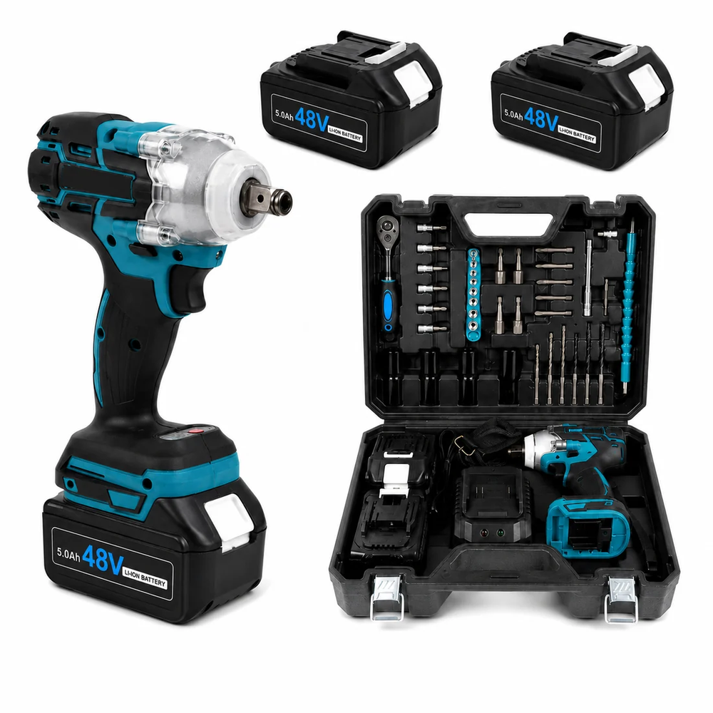Trusa Masina de Impact si Insurubat 550Nm cu 2 Acumulatori 48V 5Ah, Motor Brushless, 43 Accesorii si Valiza Transport PromotiiZilnice