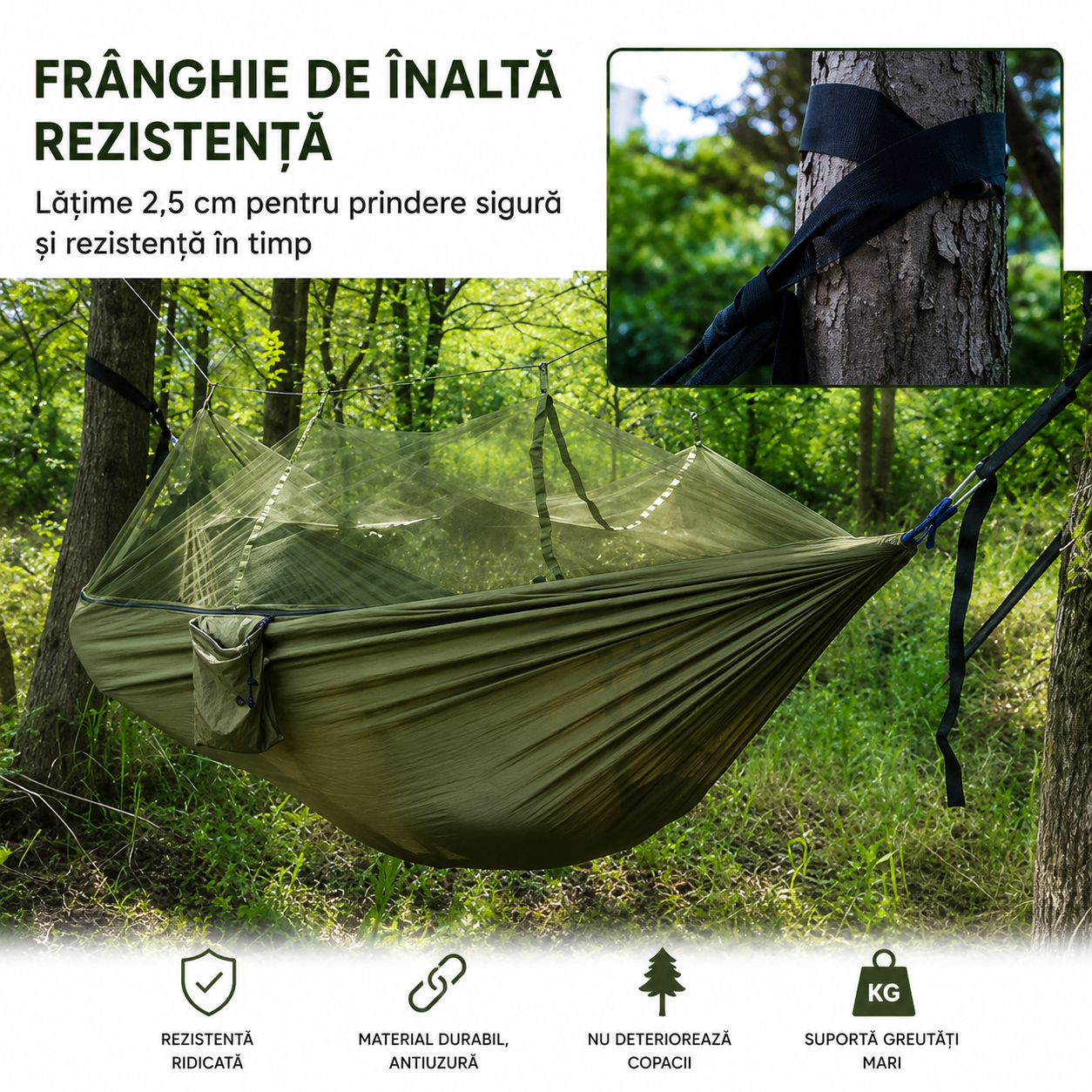 Hamac Camping cu Plasă Anti-Insecte 260x140 cm, Verde Kaki, Ultra Ușor, Portabil, cu Husă și Accesorii de Prindere Powersale