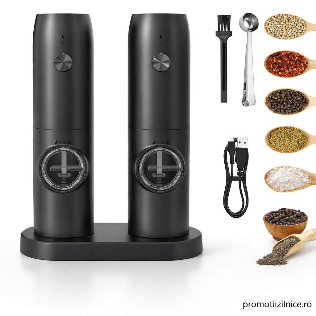Set 2 Râșnițe Electrice pentru Sare și Piper, Reîncărcabile USB, Măcinare Reglabilă, Suport de Încărcare Inclus PromotiiZilnice