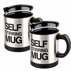 Set 2 Căni cu Amestecare Automată Self Stirring Mug, Inox, Capac, Buton Pornire BunSiPractic