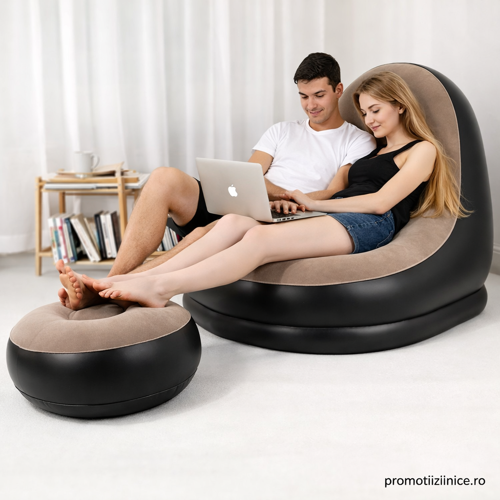 Fotoliu Gonflabil Premium cu Suport pentru Picioare, Înveliș Catifelat, Design Ergonomic PromotiiZilnice