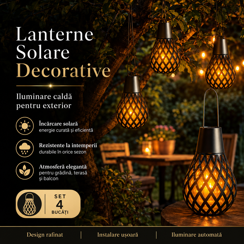 Set 4 Lampi Solare Suspendate cu Efect Flacara, Waterproof IP65, Iluminat Decorativ pentru Gradina, Terasa si Copaci Powersale