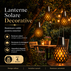 Set 4 Lampi Solare Suspendate cu Efect Flacara, Waterproof IP65, Iluminat Decorativ pentru Gradina, Terasa si Copaci Powersale