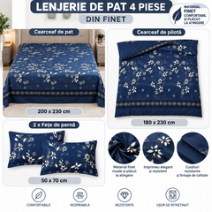 Lenjerie de Pat din Finet, 4 Piese, Model Floral, Bleumarin Powersale