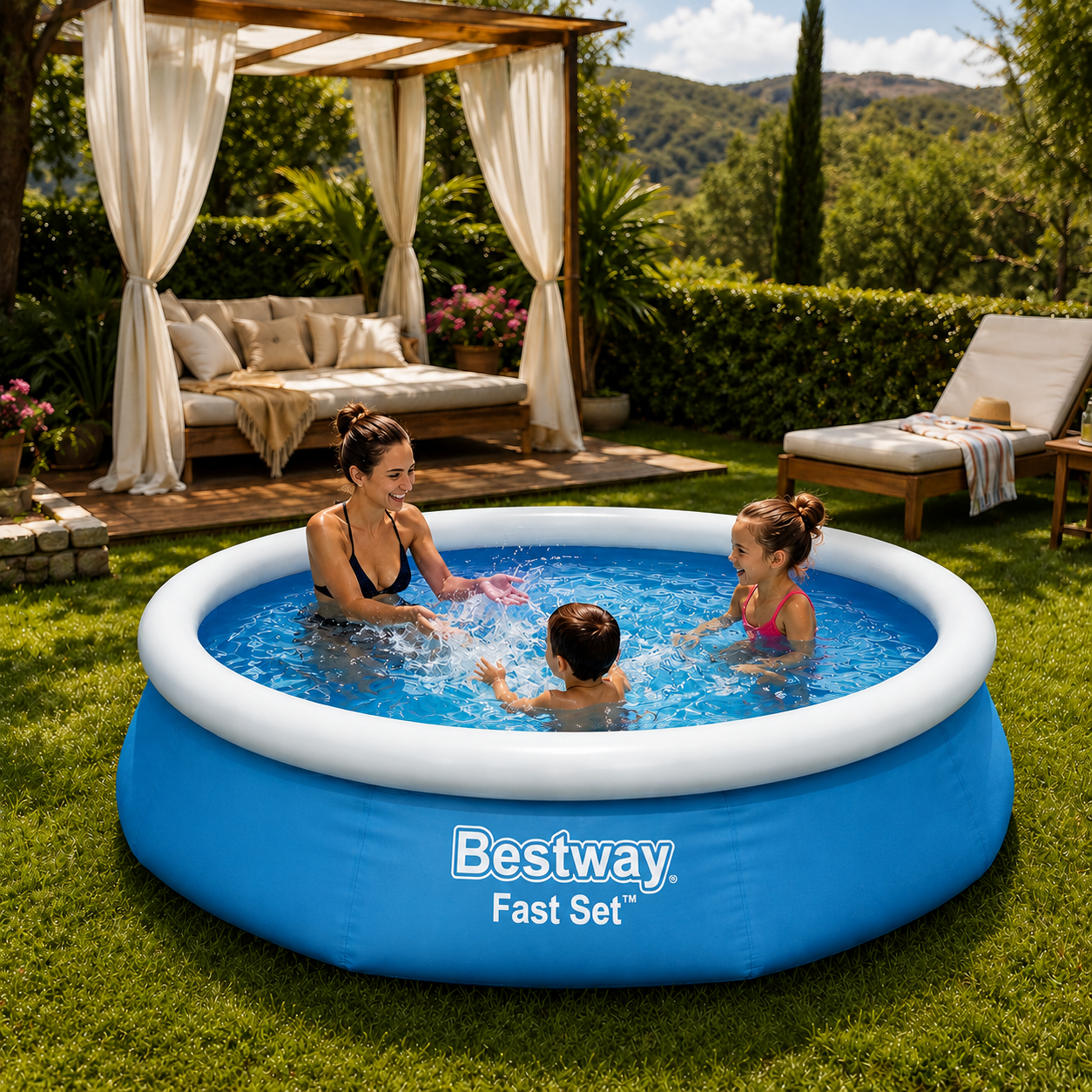 Piscina Gonflabila Bestway Fast Set Rotunda 244 x 61 cm, Capacitate 1880 Litri, Montaj Rapid, Albastra Powersale