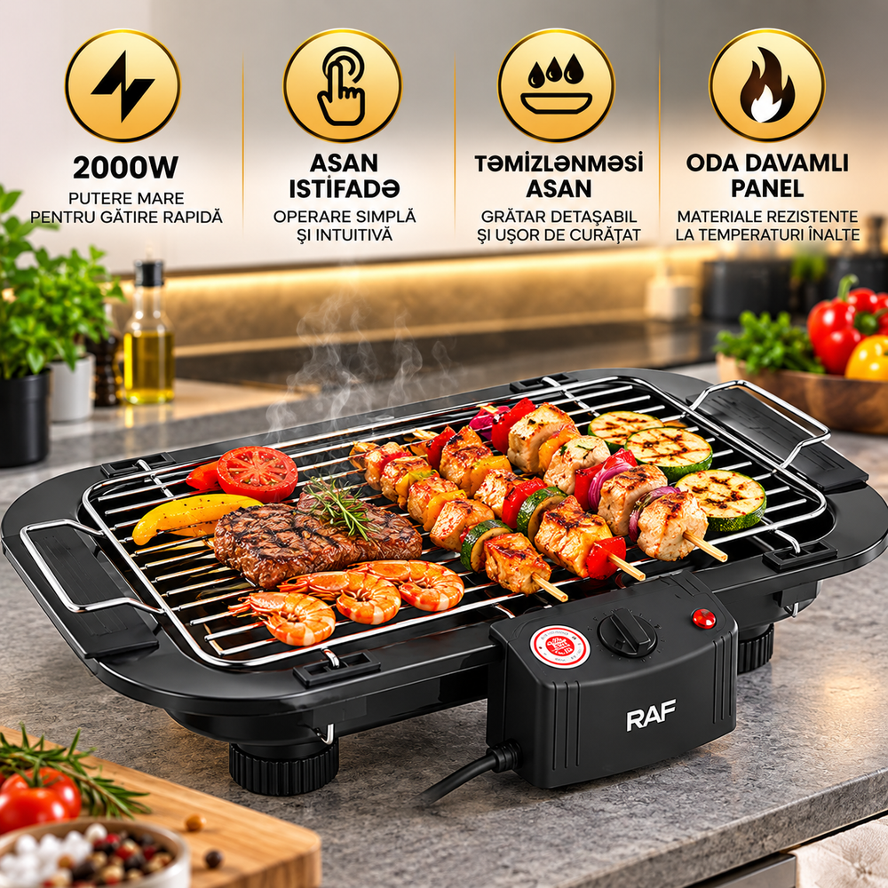 Grătar Electric RAF 2000W, 5 Trepte de Temperatură, Grilaj Inox, Termostat Reglabil, Negru Powersale