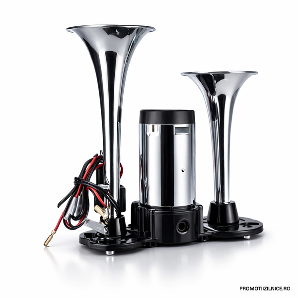 Claxon Auto 12V cu Compresor Energy Premium, 2 Goarne Cromate, Sistem Dublu Sunet Puternic, Montaj Universal PromotiiZilnice
