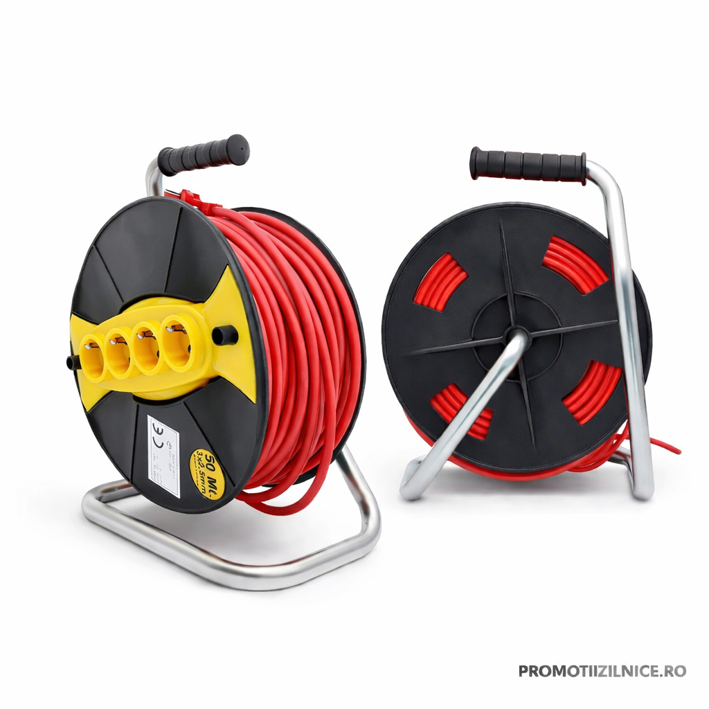 Prelungitor cu tambur 50 m, 4 prize Schuko, cablu 3×2.5 mm – Perfect pentru casă și grădină PromotiiZilnice