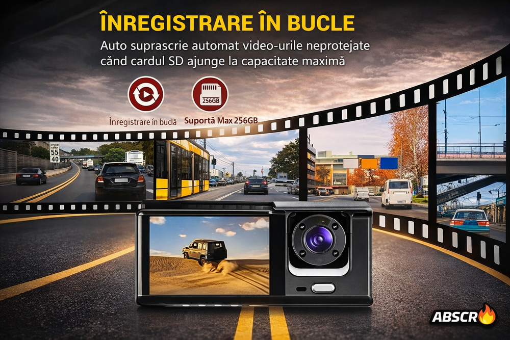 Camera auto DVR 3 canale, fata + interior + spate, Full HD 1080P, unghi larg 170°, ecran 2 inch, vedere nocturna, G-sensor, inregistrare in bucla PromotiiZilnice