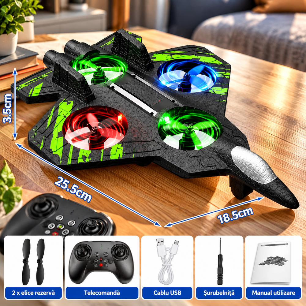Avion cu Telecomandă RC, Acrobații 360°, Lumini LED Multicolore, Spumă Ușoară, Negru-Verde Powersale