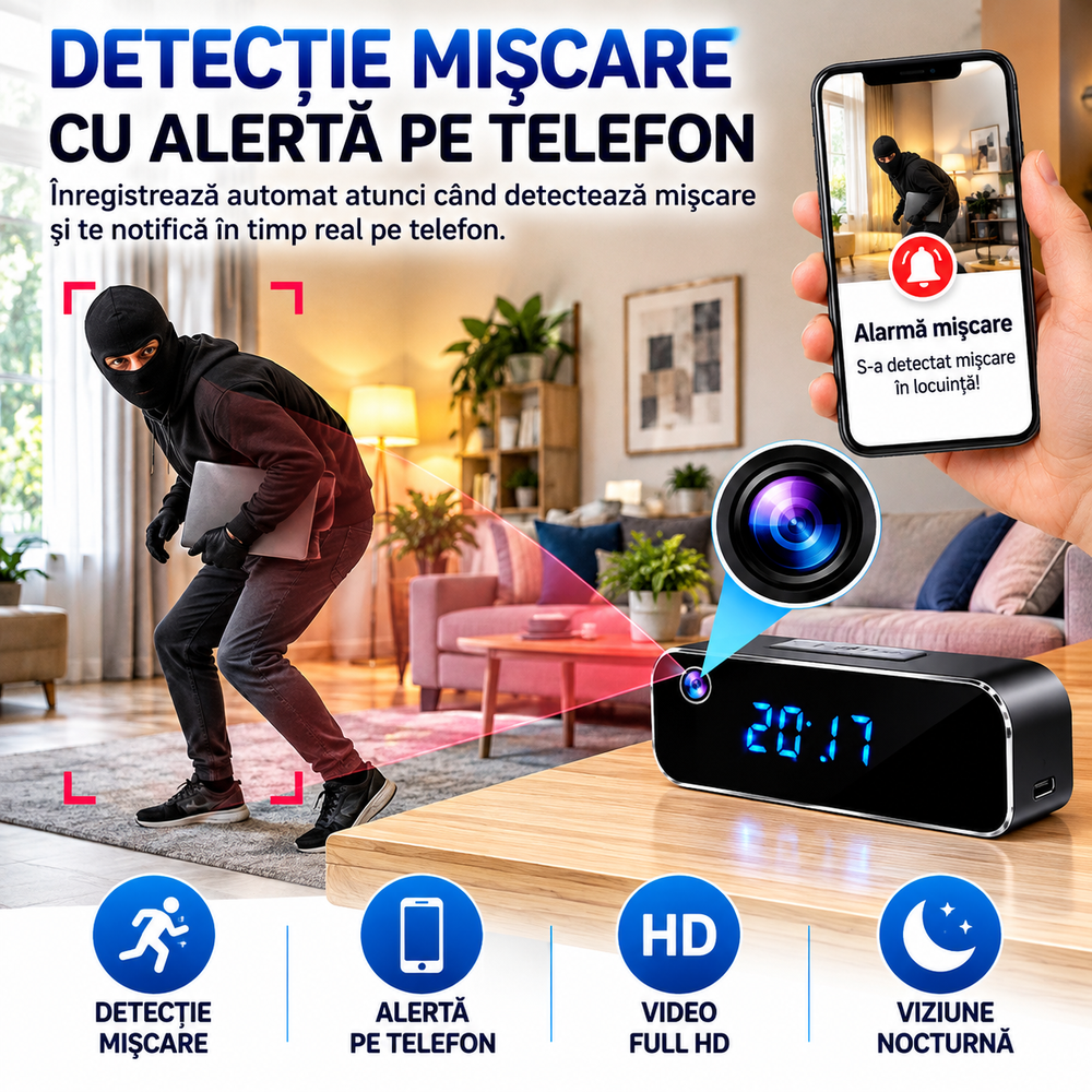 Ceas Digital cu Cameră de Supraveghere WiFi, Full HD 1080P, Viziune Nocturnă, Detecție Mișcare, Microfon, Negru BunSiPractic