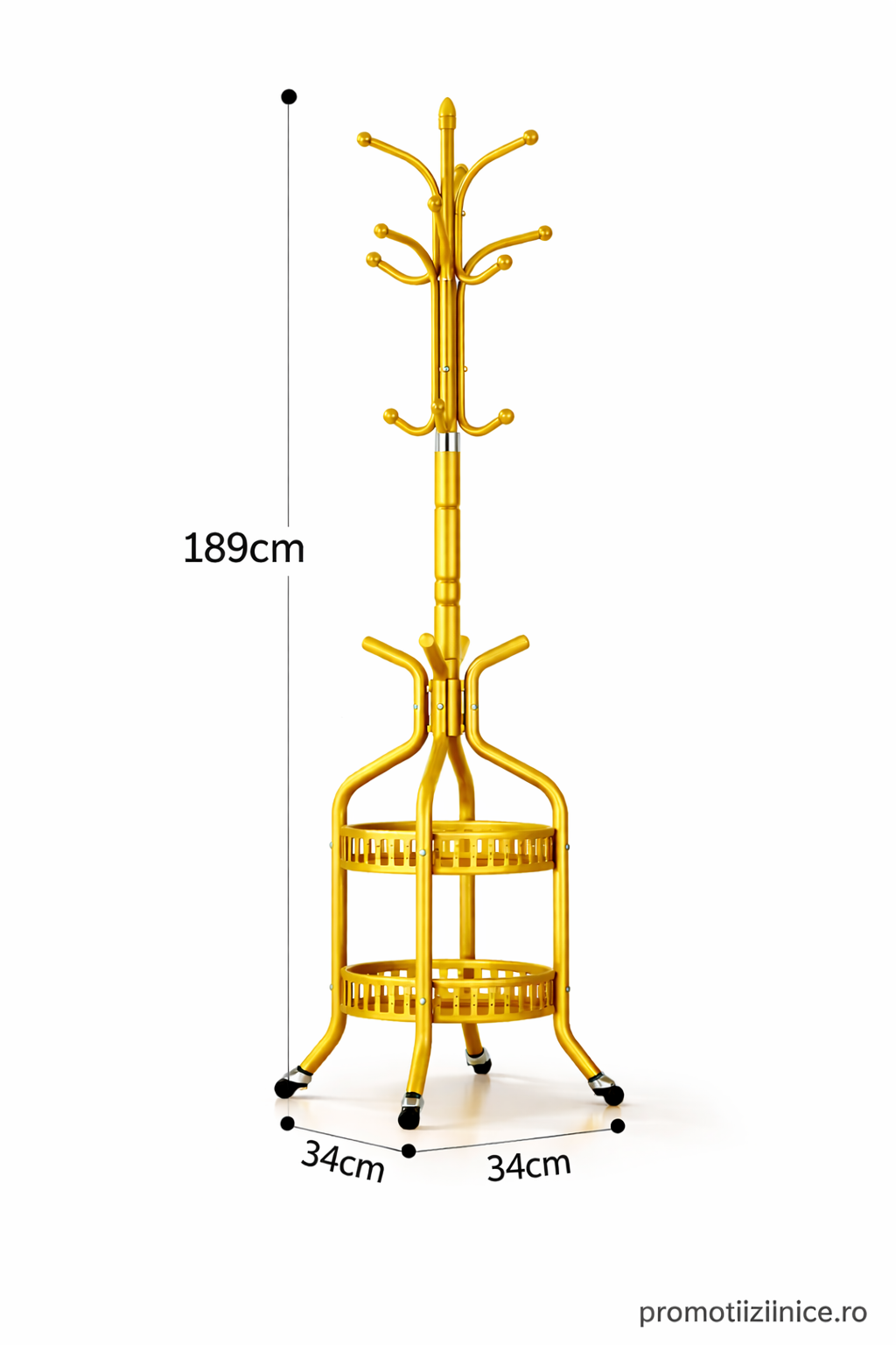Cuier de podea metalic auriu 34 x 189 cm – cârlige multiple și 2 rafturi de depozitare pentru hol, dormitor sau birou PromotiiZilnice