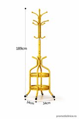 Cuier de podea metalic auriu 34 x 189 cm – cârlige multiple și 2 rafturi de depozitare pentru hol, dormitor sau birou PromotiiZilnice