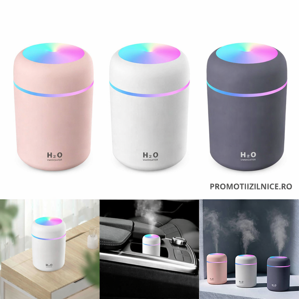 Set 2 Difuzor Aromaterapie cu LED RGB Silentios pentru Casa, Birou si Masina + CADOU 12 Sticlute Aroma PromotiiZilnice