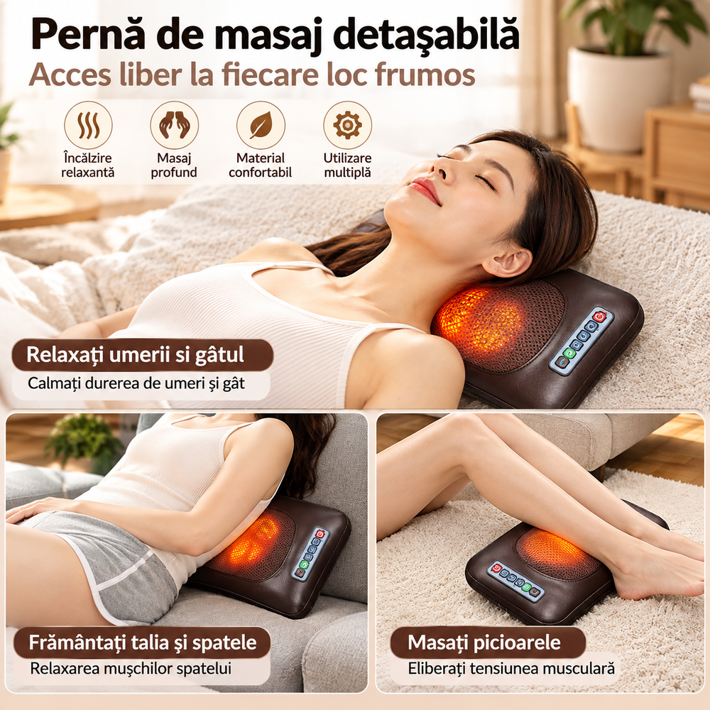 Saltea de Masaj Corporal 5 în 1, cu Încălzire, Shiatsu, Vibrații, Tracțiune cu Aer, 20 Noduri Cervicale, 24 Noduri pentru Picioare, Pliabilă PromotiiZilnice