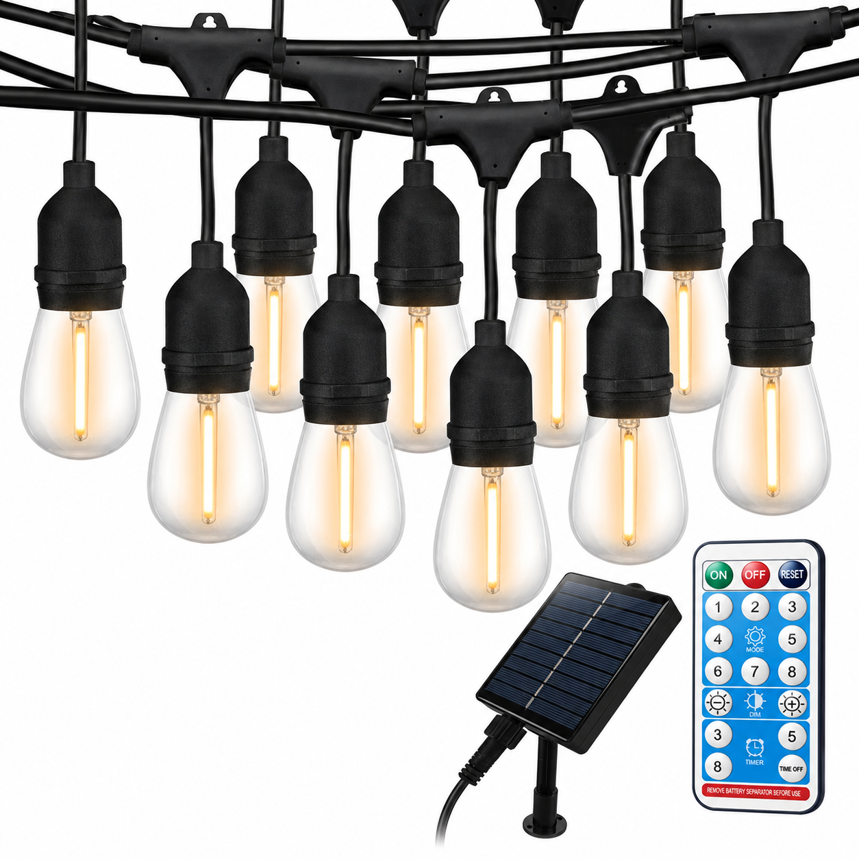 Ghirlanda solara exterior 25 metri cu 25 becuri LED E27, telecomanda, IP65 rezistenta la apa – instalatie luminoasa pentru gradina, terasa, balcon si evenimente Powersale