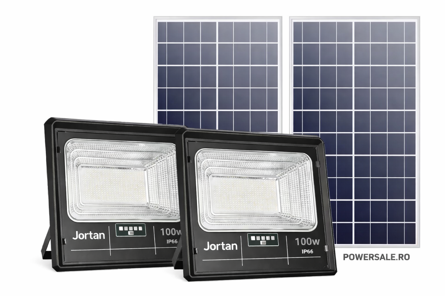Set 2 Proiectoare Solare JORTAN 100W IP66 + CADOU Cameră Supraveghere Jortan 1080P WiFi cu Card 32GB Inclus Powersale