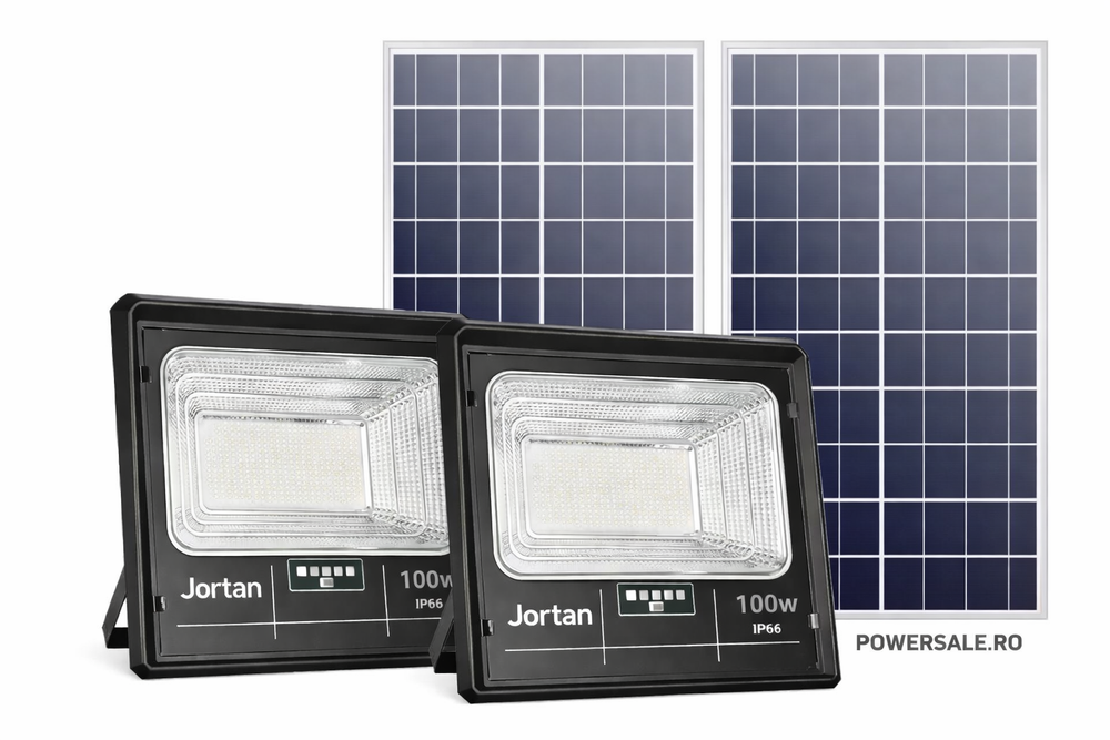 Set 2 Proiectoare Solare JORTAN 100W IP66 + CADOU Cameră Supraveghere Jortan 1080P WiFi cu Card 32GB Inclus Powersale