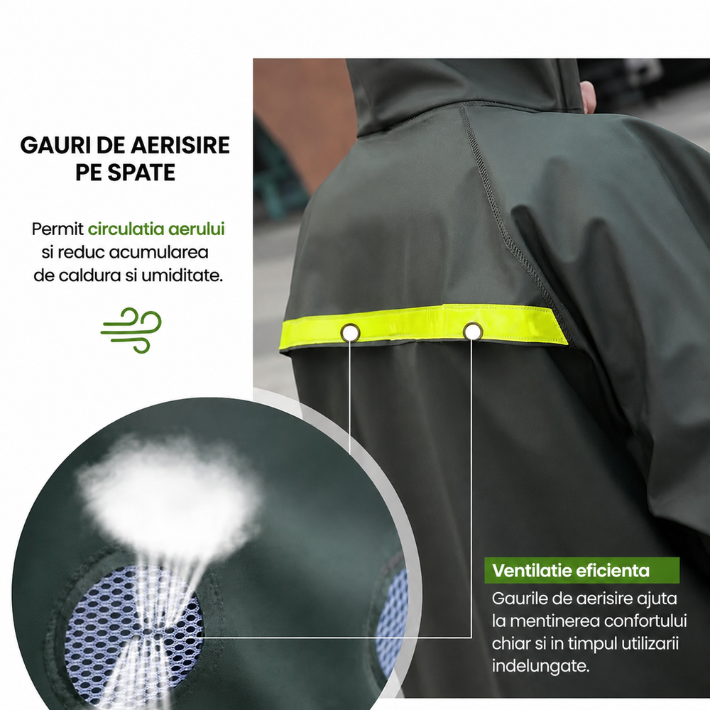 Costum Impermeabil Ploaie Profesional, Set Geaca si Pantaloni, Cu Gluga, Respirabil, Reflectorizant, Protectie Completa Exterior-Marime Universala- Powersale