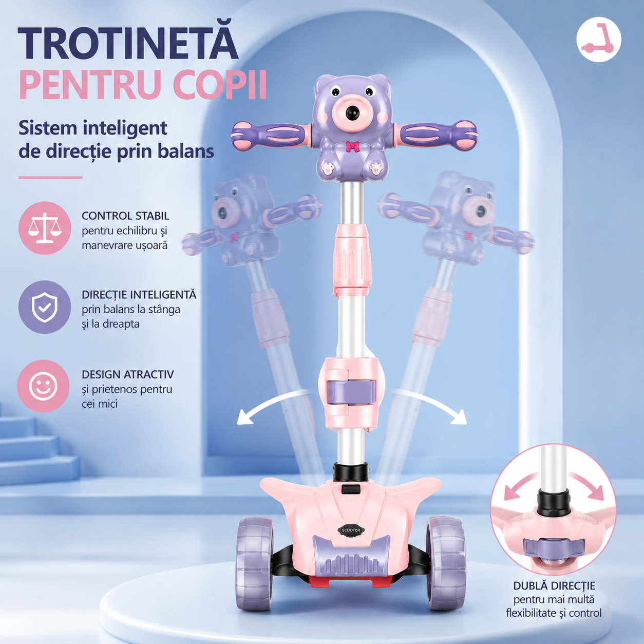 Trotineta multifunctionala copii 3 in 1 cu muzica, baloane de sapun si roti LED, pliabila, ghidon reglabil, scaun detasabil, roz-mov Powersale