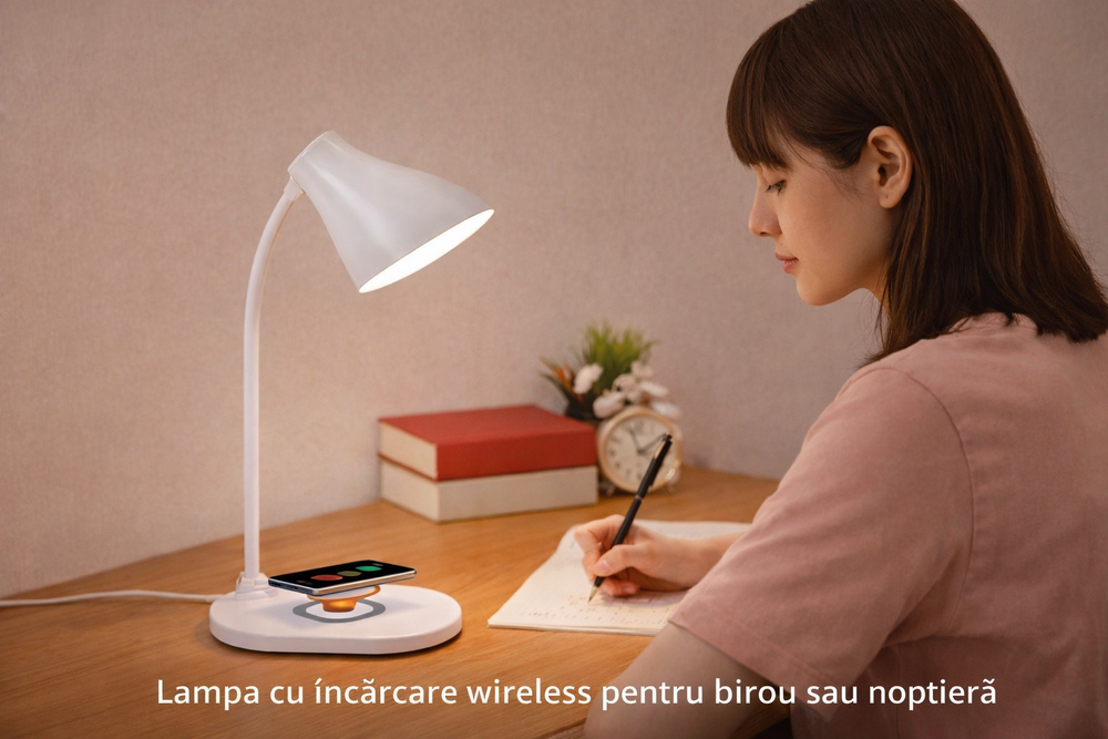 Lampă de birou LED cu încărcare wireless albă – iluminare practică pentru birou și noptieră Powersale