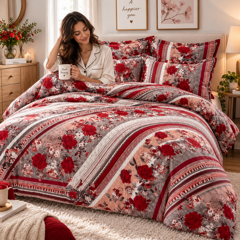 Lenjerie de Pat din Finet, 4 Piese, Model Floral cu Trandafiri, Roșu-Gri Powersale