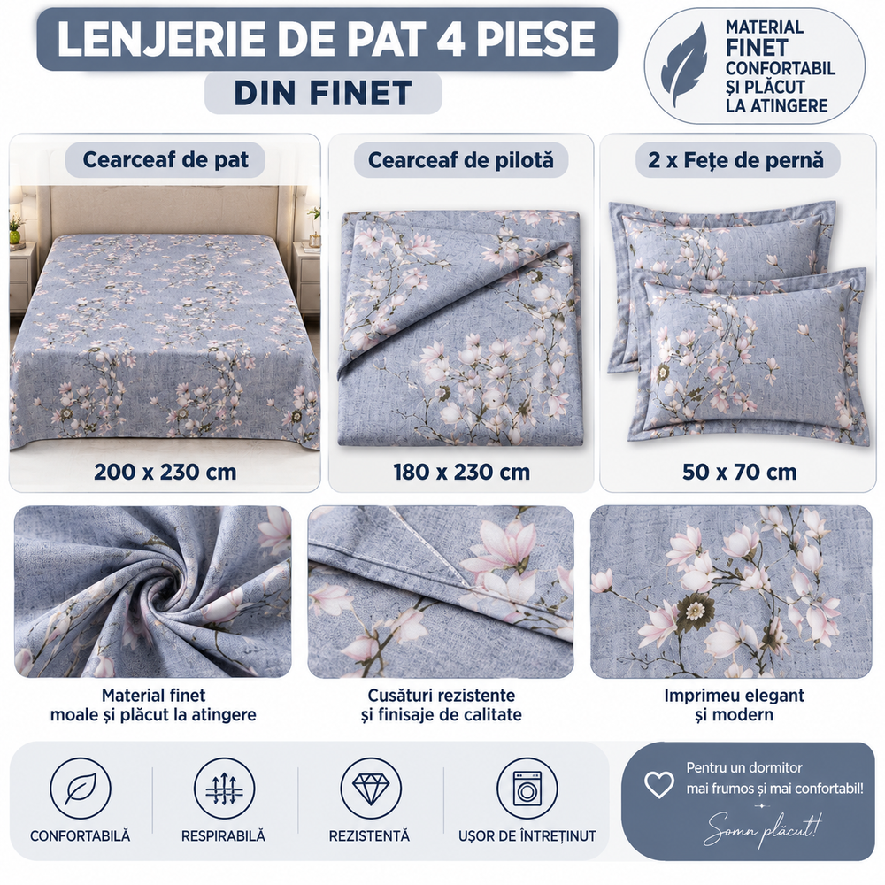 Lenjerie de Pat din Finet, 4 Piese, Model Floral, Gri Powersale