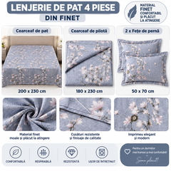 Lenjerie de Pat din Finet, 4 Piese, Model Floral, Gri Powersale