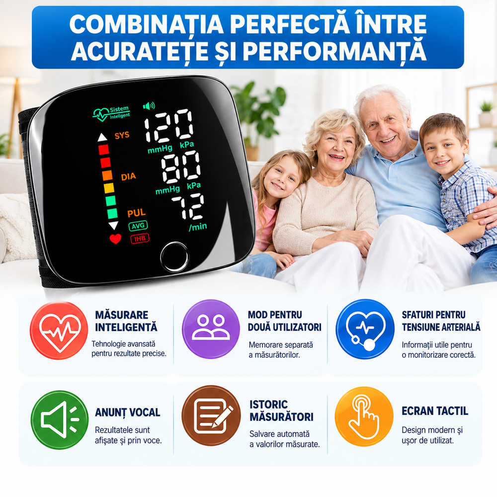 Tensiometru Digital de Încheietură, Ecran LED Mare, Măsurare Automată, Detectare Puls Neregulat, Memorie, Anunț Vocal, USB-C, Negru PromotiiZilnice