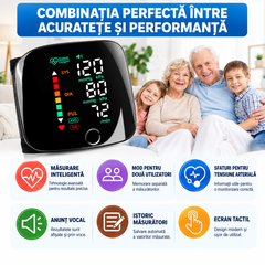 Tensiometru Digital de Încheietură, Ecran LED Mare, Măsurare Automată, Detectare Puls Neregulat, Memorie, Anunț Vocal, USB-C, Negru PromotiiZilnice