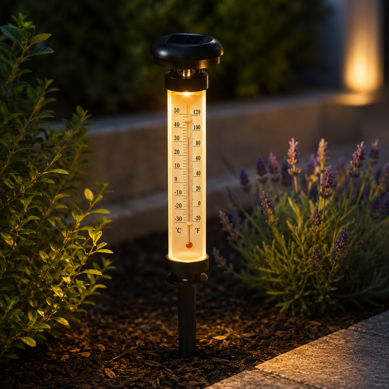 Set 2 Termometre Solare de Gradina cu Lampa LED, Afisaj Dual Celsius/Fahrenheit, Aprindere Automata, Incarcare Solara, Tarus Inclus, 35 cm, Negru PromotiiZilnice