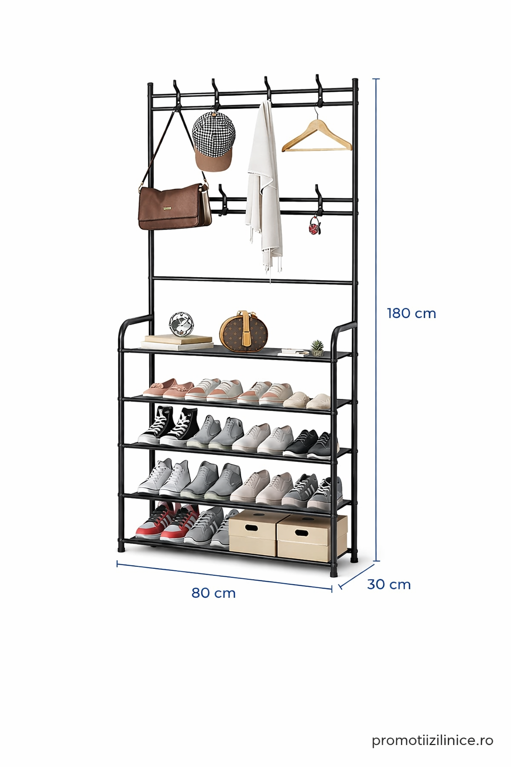 Cuier Metalic Multifuncțional cu Pantofar și 4 Rafturi Spațioase – Organizator pentru Hol, Living sau Dormitor, Design Modern Negru, Structură Rezistentă PromotiiZilnice