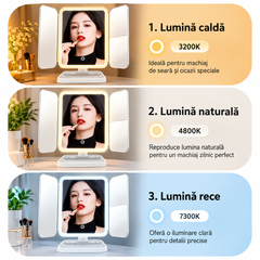 Oglindă Cosmetică LED Pliabilă cu Mărire, 3 Tipuri de Lumină, Intensitate Reglabilă, Control Touch, Suport Rotativ, Albă PromotiiZilnice