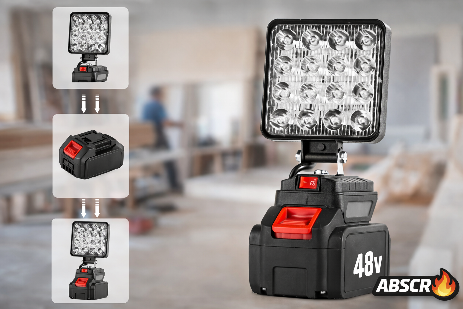 Lampa de lucru LED portabilă 48W cu acumulator Li-Ion 48V – Proiector reglabil 90°, iluminare puternică, autonomie mare PromotiiZilnice