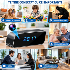 Ceas Digital cu Cameră de Supraveghere WiFi, Full HD 1080P, Viziune Nocturnă, Detecție Mișcare, Microfon, Negru BunSiPractic